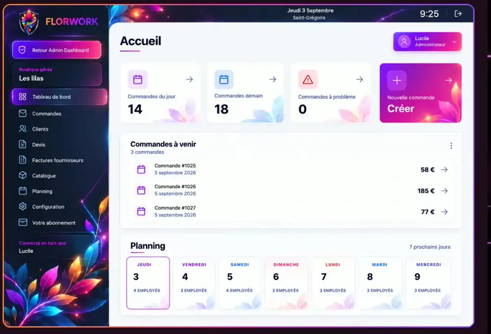 Tableau de bord Florwork : commandes du jour, commandes à venir et planning